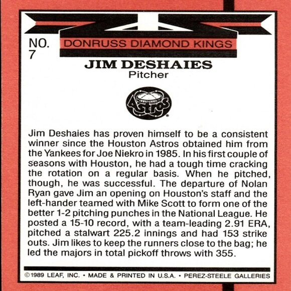 Jim Deshaies (Houston Astros) 1990 Donruss '90 Diamond Kings Card - Number 7 - Picture 2 of 2